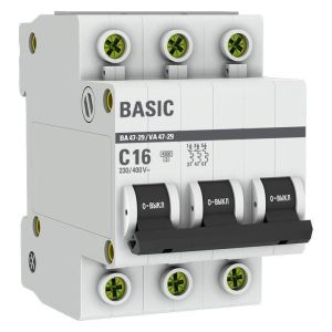 Выключатель автоматический модульный 3п C 16А 4.5кА ВА 47-29 Basic EKF mcb4729-3-16C
